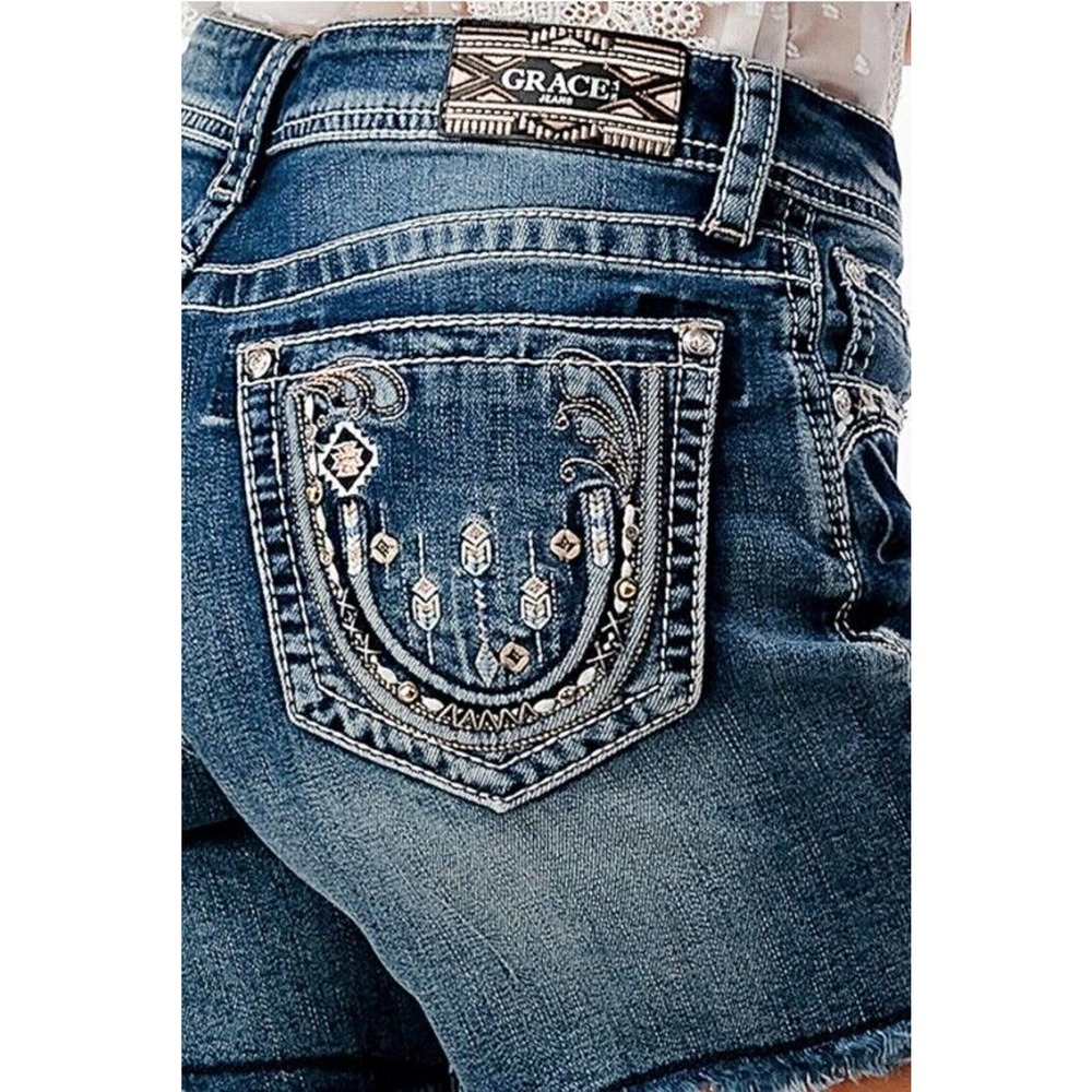 Grace in LA Women's Horseshoe Cut Off Raw Hem Stretch Denim Jean Shorts - Picture 3 of 3